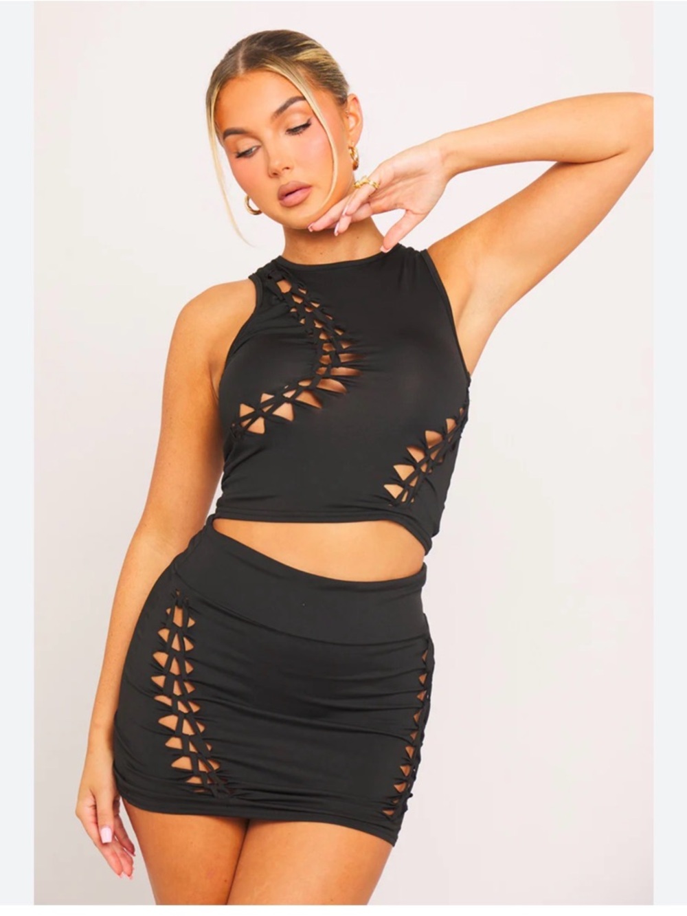 Micas "We be clubbin" braided crop top and skirt set